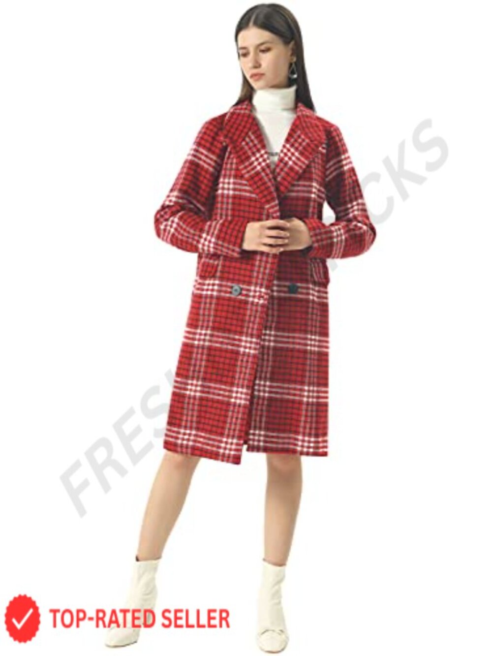 Oversize Lapel Collar Woolen Plaid Double Breasted Long Peacoat Jacket
